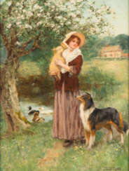 JUNGE FRAU MIT LAMM UND COLLIE IM GARTEN