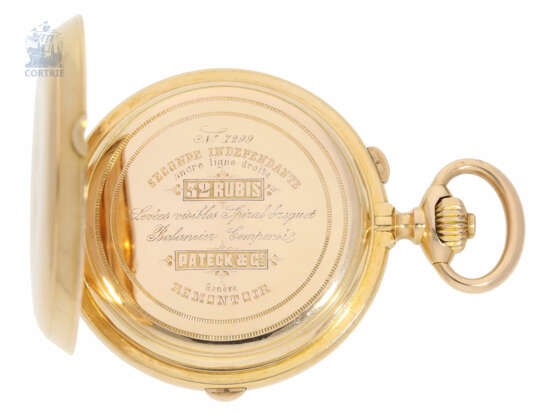 Taschenuhr: hochfeine, frühe, schwere Goldsavonnette mit unabhängiger, anhaltbarer Sekunde und "Tandem Winding"-Aufzug nach Mairet's Patent, Pateck & Cie. Geneve No.7299, ca.1875 - Foto 5