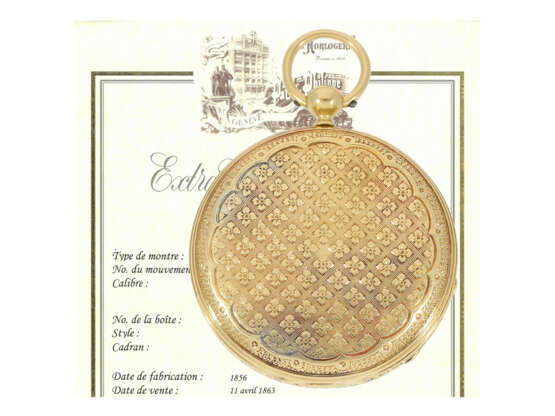 Taschenuhr: außergewöhnlich frühe Goldlepine der Firma Patek Philippe, No.12670, Genf 1856, mit Stammbuchauszug - фото 1
