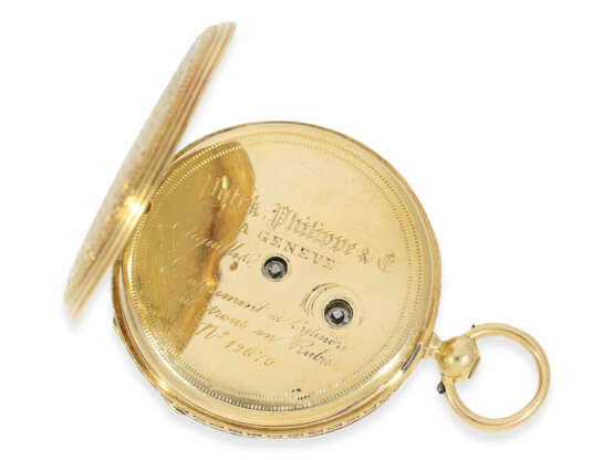Taschenuhr: außergewöhnlich frühe Goldlepine der Firma Patek Philippe, No.12670, Genf 1856, mit Stammbuchauszug - Foto 4