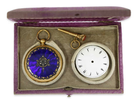 Taschenuhr: hochwertige Gold/Emaille-Savonnette mit 2 Wechsel-Zifferblättern und Originalbox No.1786, gefertigt für den osmanischen Markt, ca. 1850 - фото 1