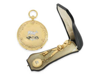 Taschenuhr/Chatelaine: feine Gold/Emaille-Damenuhr mit originaler Goldchatelaine mit Schlüssel und Siegel sowie Originalbox, vermutlich Genf um 1850