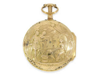 Taschenuhr: exquisite und sehr seltene goldene sächsische Repoussé Spindeluhr mit Repetition, Johann Friedrich Stalpp, Meister in Dresden, ca. 1765