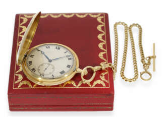 Taschenuhr: extrem rare Cartier Goldsavonnette mit Minutenrepetition, hochwertiger goldener Uhrenkette und Cartier Originalbox, ca.1915