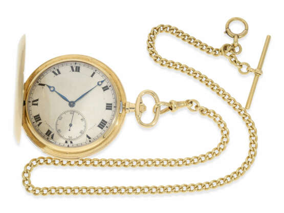 Taschenuhr: extrem rare Cartier Goldsavonnette mit Minutenrepetition, hochwertiger goldener Uhrenkette und Cartier Originalbox, ca.1915 - photo 3