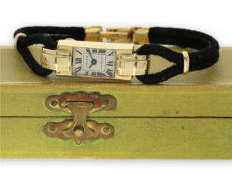 Armbanduhr: extrem rare Art déco Damenuhr in Gold, signiert Cartier, Modell "Duoplan", ca.1935, fantastischer Zustand mit Originalbox