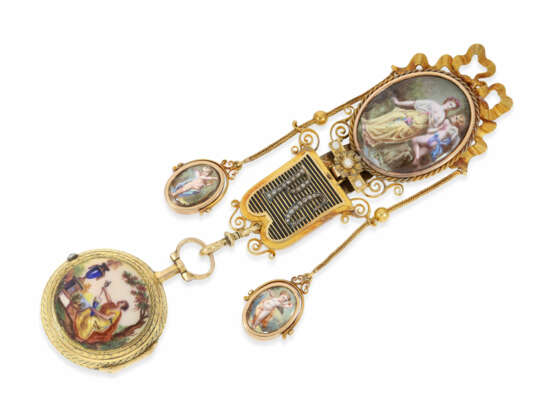 Taschenuhr: einzigartige und hochfeine Gold-Emaille-Spindeluhr mit dazugehöriger Gold/Emaille-Chatelaine mit Diamantbesatz, Gudin a Paris ca.1760 - photo 1