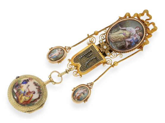 Taschenuhr: einzigartige und hochfeine Gold-Emaille-Spindeluhr mit dazugehöriger Gold/Emaille-Chatelaine mit Diamantbesatz, Gudin a Paris ca.1760 - Foto 2