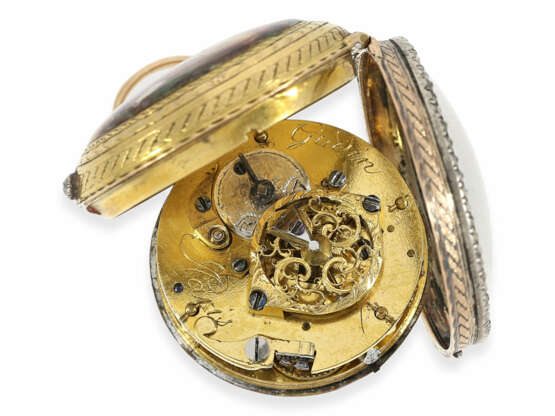 Taschenuhr: einzigartige und hochfeine Gold-Emaille-Spindeluhr mit dazugehöriger Gold/Emaille-Chatelaine mit Diamantbesatz, Gudin a Paris ca.1760 - photo 4