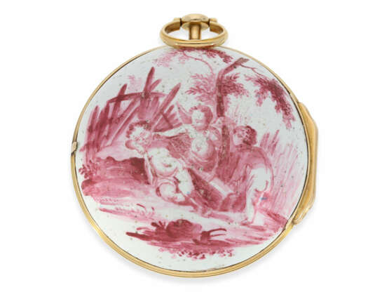 Taschenuhr: museale Rokoko Spindeluhr mit Porzellangehäuse, Theodore Avril No.2878, königlicher Uhrmacher im Schloß Fontainebleau, ca.1750 - photo 1