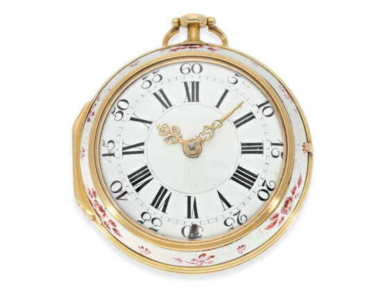 Taschenuhr: museale Rokoko Spindeluhr mit Porzellangehäuse, Theodore Avril No.2878, königlicher Uhrmacher im Schloß Fontainebleau, ca.1750 - Foto 2