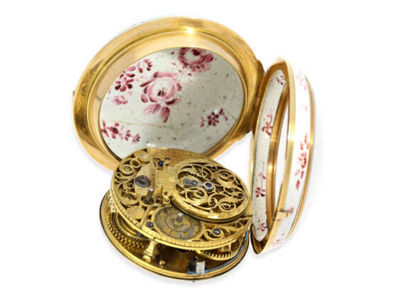 Taschenuhr: museale Rokoko Spindeluhr mit Porzellangehäuse, Theodore Avril No.2878, königlicher Uhrmacher im Schloß Fontainebleau, ca.1750 - Foto 4
