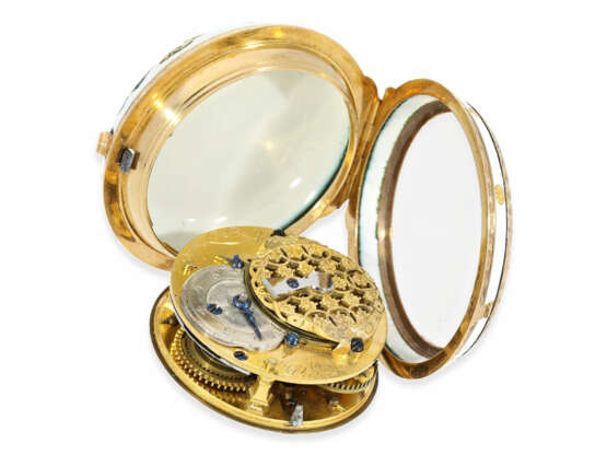 Taschenuhr: museale und hervorragend erhaltene Gold/Emaille-Uhr mit spezieller Emaillier-Technik nach Guillaume Bouvier, königlicher Uhrmacher Julien Le Roy No.14584, ca.1750 - Foto 4
