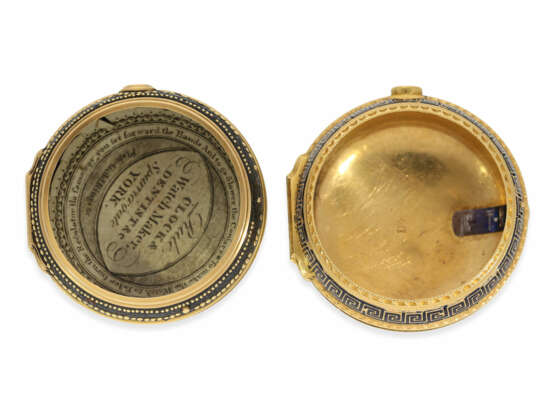 Taschenuhr: schwere englische Gold/Emaille-Doppelgehäuse Taschenuhr von herausragender Qualität und originalem Wechselgehäuse, extrem frühe Zylinderhemmung sowie Achtelstunden-Repetition, William Threlkeld, London, No. 626. Londoner Hallmark 1733 - Foto 2