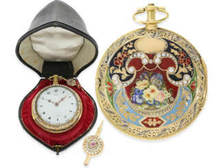 Taschenuhr: museale, früheste uns bekannte Gold/Emaille-Clockwatch mit Orientperlenbesatz, Originalbox und Originalschlüssel No.1919, George Prior London, ca.1785