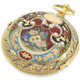 Taschenuhr: museale, früheste uns bekannte Gold/Emaille-Clockwatch mit Orientperlenbesatz, Originalbox und Originalschlüssel No.1919, George Prior London, ca.1785 - Foto 8