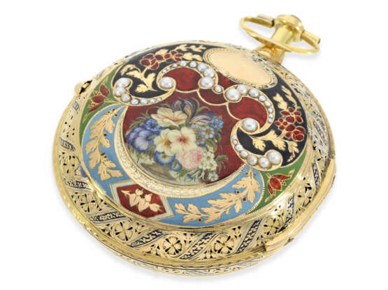 Taschenuhr: museale, früheste uns bekannte Gold/Emaille-Clockwatch mit Orientperlenbesatz, Originalbox und Originalschlüssel No.1919, George Prior London, ca.1785 - photo 8