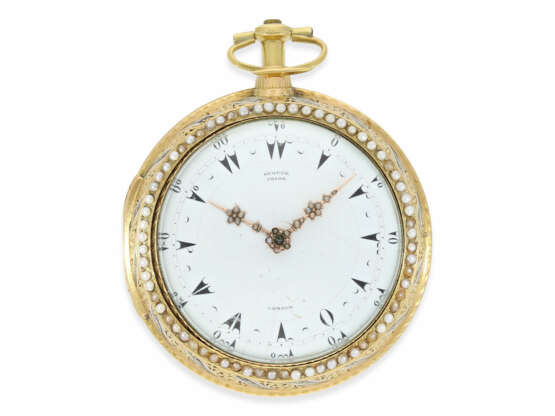 Taschenuhr: museale, früheste uns bekannte Gold/Emaille-Clockwatch mit Orientperlenbesatz, Originalbox und Originalschlüssel No.1919, George Prior London, ca.1785 - Foto 9