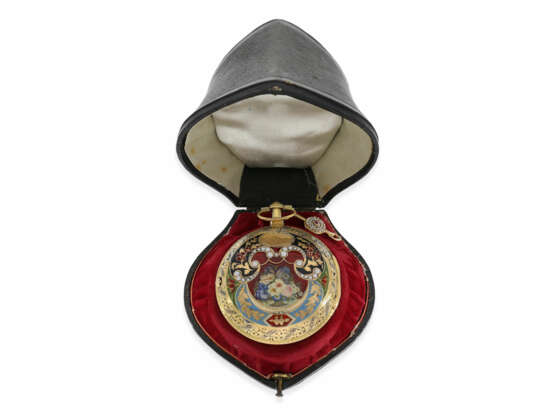 Taschenuhr: museale, früheste uns bekannte Gold/Emaille-Clockwatch mit Orientperlenbesatz, Originalbox und Originalschlüssel No.1919, George Prior London, ca.1785 - photo 10