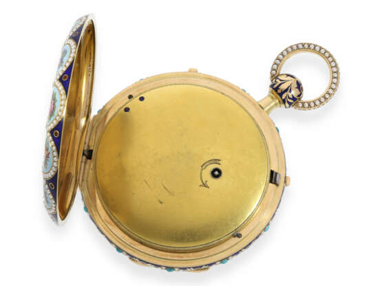 Taschenuhr: bedeutende, außergewöhnlich große Gold/Emaille Taschenuhr mit Orientperlen-Besatz und Schlagwerk, zugeschrieben Piguet Meylan/Frères Oltramare No.4404, ca.1820 - фото 8