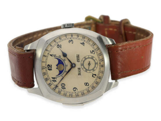 Armbanduhr: bedeutende, technisch hoch komplizierte und sehr frühe Platinuhr mit Vollkalender, Mondphase und Minutenrepetition, ca.1925 - photo 2