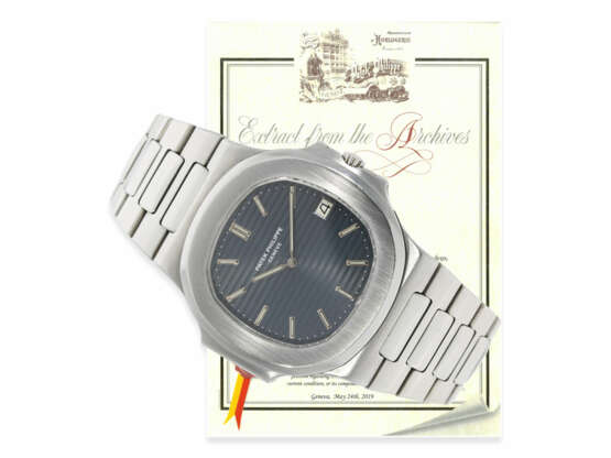 Armbanduhr: gesuchte Patek Philippe Nautilus Jumbo in Edelstahl, Referenz 3700/11 von 1982 mit Stammbuchauszug - photo 1
