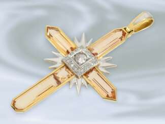 Anhänger: einzigartiger Kreuz-Goldschmiedeanhänger mit Diamantbesatz und orangefarbenen Farbsteinen, 18K Gold, Art déco