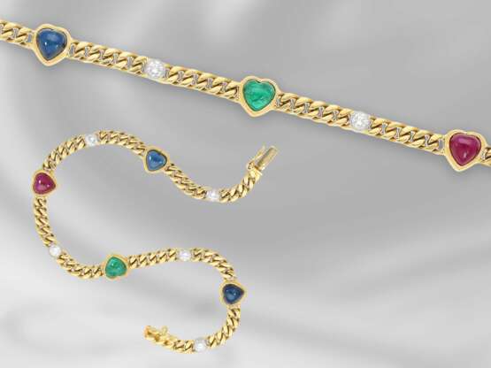 Armband: solide vintage Goldschmiedearbeit mit Brillanten von 0,5ct sowie unterschiedlichen Farbsteinen in Herzform, Handarbeit aus 18K Gold - Foto 1