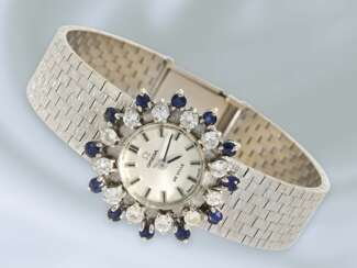 Armbanduhr: Luxusmodell einer vintage Omega de Ville Damenuhr mit Diamant- und Saphirbesatz, ca. 1970