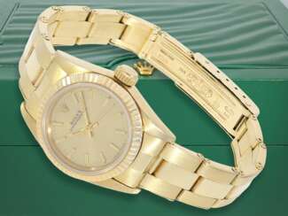 Armbanduhr: luxuriöse vintage Damenuhr von Rolex, Lady-Oyster Chronometer, Ref.67197 in 18K Gold, mit Originalbox, 80er Jahre