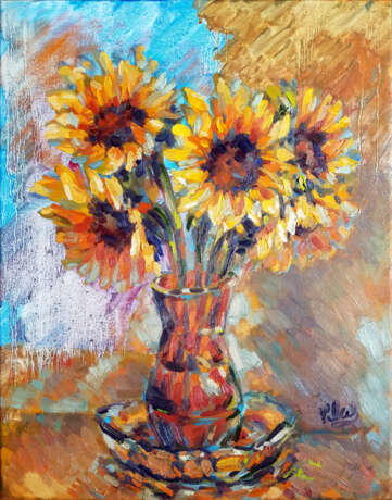 Gemälde „Sonnenblumen am Fenster“, Leinwand, Ölfarbe, Expressionismus, Stillleben, Vereinigte Staaten, 2017 - Foto 1
