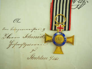 Preussen: Kronen-Orden, 3. Modell (1871-1918), 4. Klasse mit Genfer Kreuz und Übersendungsschreiben an den Bürgermeister zu Strehlen i./Schlesien.