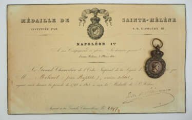 Frankreich: St. Helena Medaille mit Urkunde für einen Veteranen.