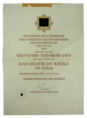 Deutsches Kreuz in Gold Urkunde für einen Oberleutnant und Kompanie Chef im Pionier Bataillon 121.