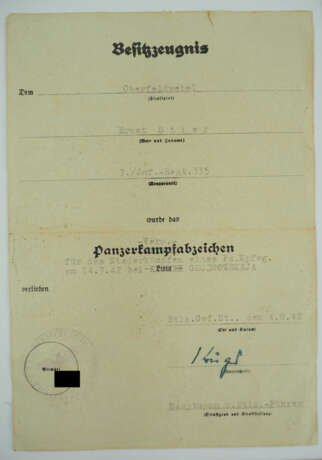 Dokumentennachlass eines gefallenen Oberfeldwebel der 3./ Infanterie-Regiment 335 - Sonderabzeichen für das Vernichten von Panzerkampfwagen. - Foto 2