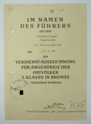 Verdienstauszeichnung für Angehörige der Ostvölker, 2. Klasse in Bronze Urkunde für einen Hilfswilligen der 2./ Geb.Pi.Batl. 54 - Stettner Ritter von Grabenhofen.