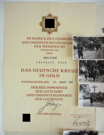 Urkundennachlass des Hauptmann Eberhard Bock der 5./ Jagdgeschwader 27 - Deutsches Kreuz in Gold. - Foto 7