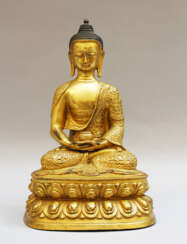 Buddha Shakayamuni in sitting position on Lotus base with rich decorated coat