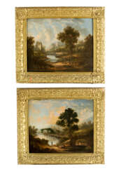 English school early 19th century pair of landscapes with farmers and monuments oil on canvas framed
