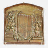 Memoration plaque of la Francaise de Lyon bronze bronze cast on wooden panel dated 1884 signed burban - Foto 1