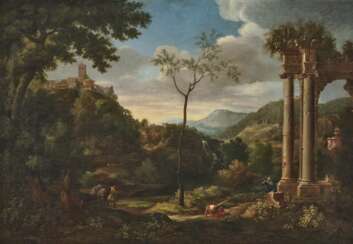 Italienische Landschaft mit Ruine und Figurenstaffage. Millet, gen. Francisque, Jean François, zugeschrieben 