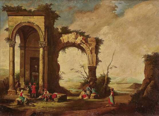 Ruinenlandschaften mit Figurenstaffage. Italien (?) im Stil des 18. Jahrhundert - Foto 1