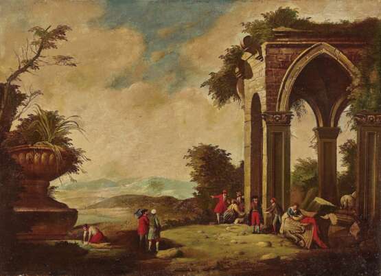 Ruinenlandschaften mit Figurenstaffage. Italien (?) im Stil des 18. Jahrhundert - Foto 2
