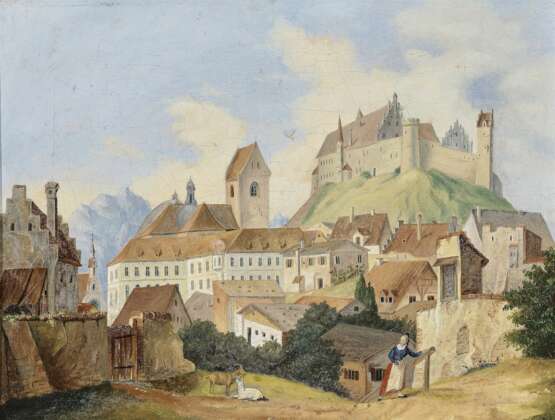 Das Ländtor in Landshut - Blick auf Füssen mit dem Hohen Schloss und der Kirche St. Mang. Süddeutsch 19. Jahrhundert - Foto 1
