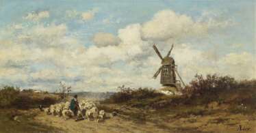 Landschaft mit Windmühle und Schafhirten. Lier, Adolf 