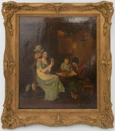 BEZ. DELAMARE, Dame mit Hund und Verehrer beim Kartenspielen, Öl/Leinwand, 1836. - Foto 1