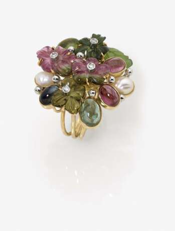 Blütenring mit Turmalinen, Brillanten, Perlen, Jade und Saphir - фото 2