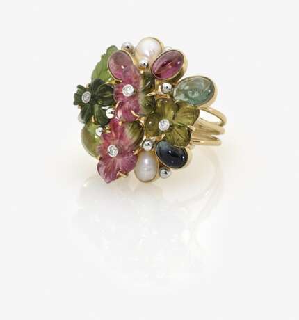 Blütenring mit Turmalinen, Brillanten, Perlen, Jade und Saphir - фото 3