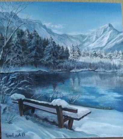“Mountain lake” Cardboard Oil paint Realist Landscape painting 2019 - photo 1
