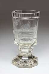 Andenkenglas Giebichenstein, Trinkglas Weißglas mit Ätzdekor und Gravur